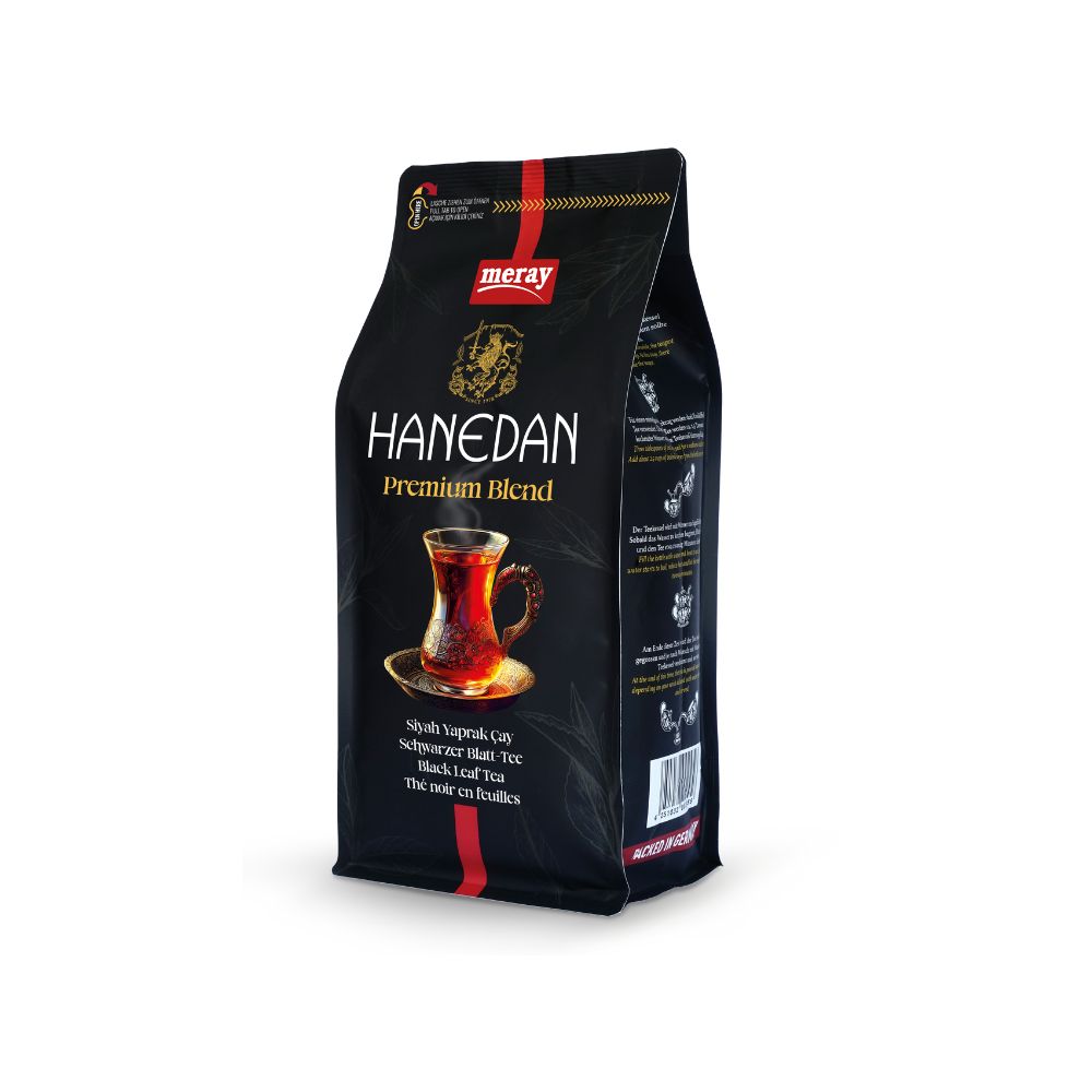 Schwarzer Tee in schwarzer Verpackung. Aufdruck: Hanedan Premium Blend. Abbildung einer Teetasse. Marke: meray.