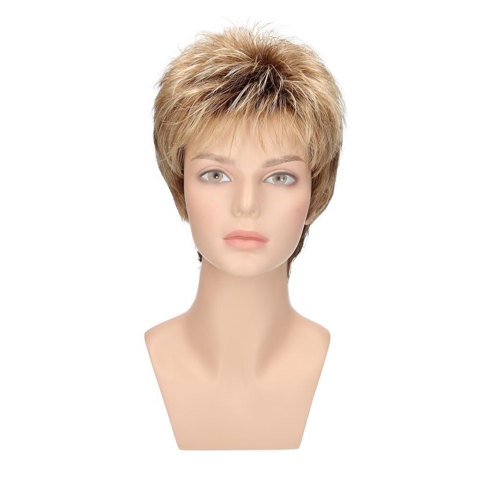 Perücke Susi von Lofty in Toffeemix, dunkler Ansatz, auf einer Büste. Kurzes, blondes Haar mit dunkleren Wurzeln.