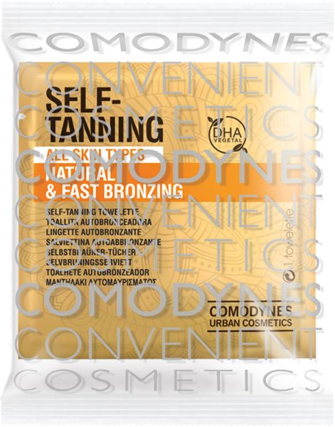 Packung mit Selbstbräunungstüchern. Marke Comodynes. Aufschrift: Self-Tanning, Natural & Fast Bronzing. DHA vegetal.