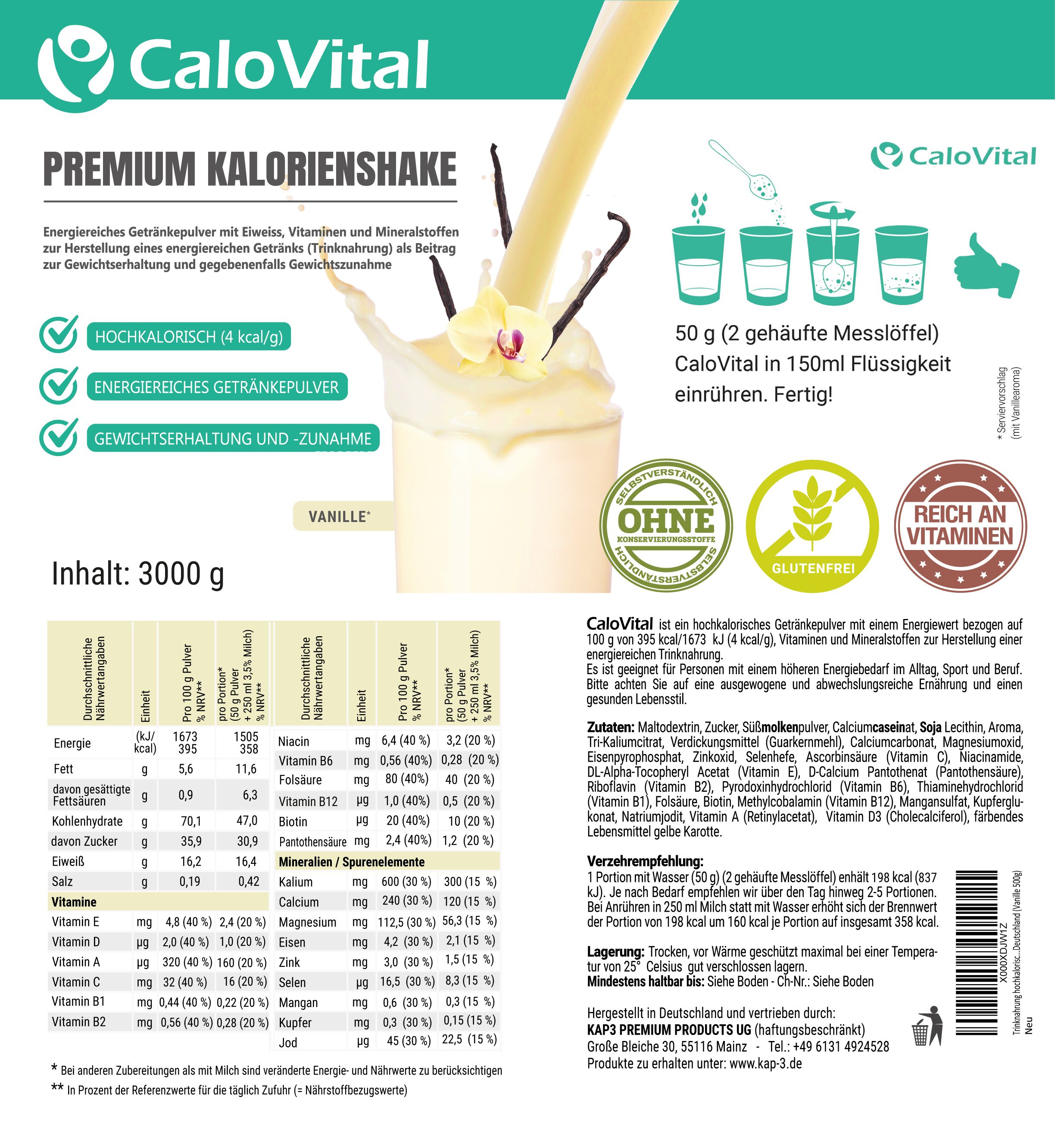 CaloVital Kalorien Shake 3kg | Hochkalorische Trinknahrung für Gewichtszunahme 3000 g