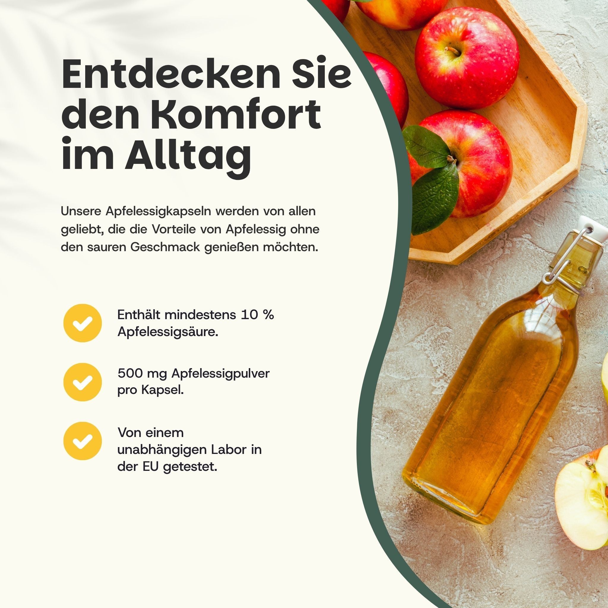 Werbung mit Text und Flasche Apfelessig. 500 mg Apfelessigpulver pro Kapsel.