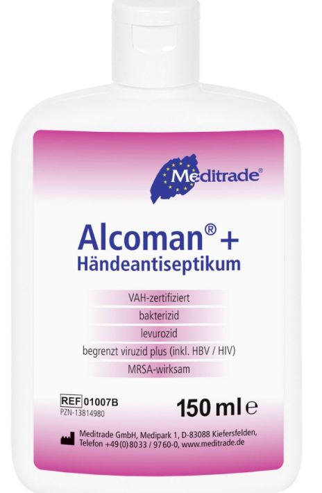 Weiße Flasche mit rosa Etikett. Beschriftung: Alcoman+ Händeantiseptikum, VAH-zertifiziert, bakterizid, levurozid, 150 ml.