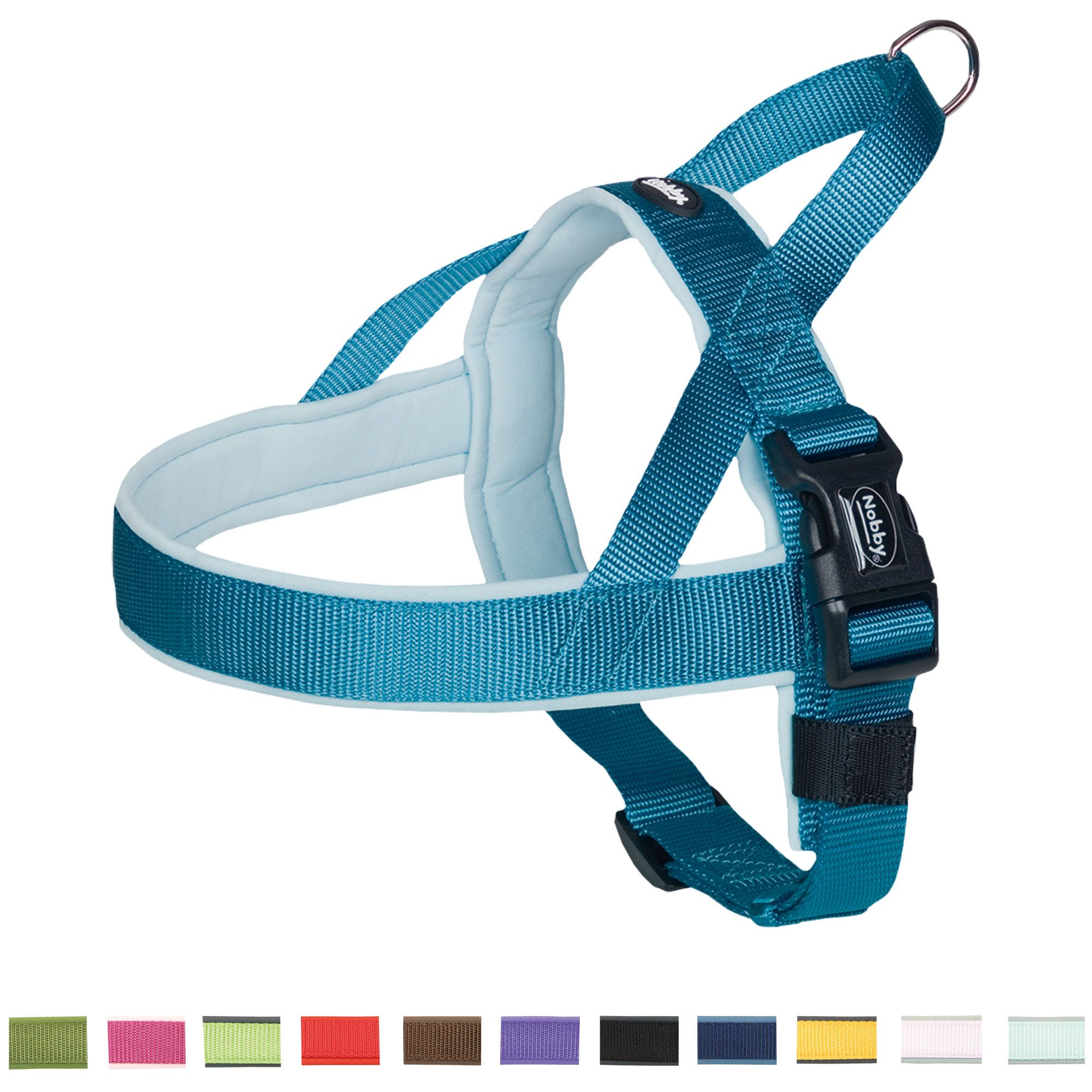 Hundegeschirr in verschiedenen Farben. Blau, rot, gelb, grün, lila, schwarz, etc. Schwarze Schnalle mit "Nobby"-Logo.