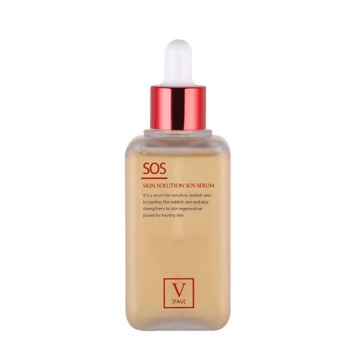 Serumflasche mit rotem Deckel und Pipette. Aufschrift: SOS Skin Solution SOS Serum. Unten: V [FAU].