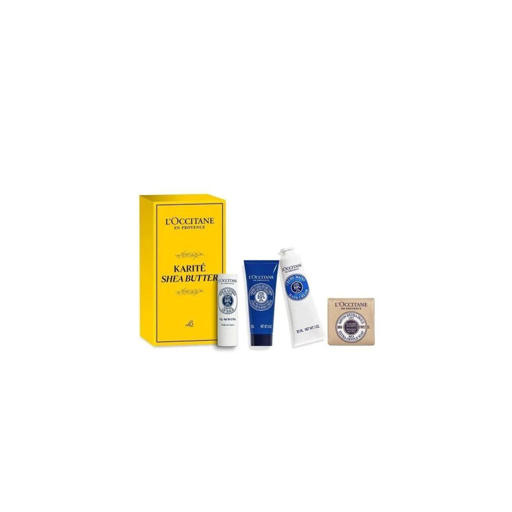 Gelbe Schachtel mit L'Occitane-Logo und "Karité Shea Butter". Enthält Lippenbalsam, Handcreme, Seife und blaue Tube.