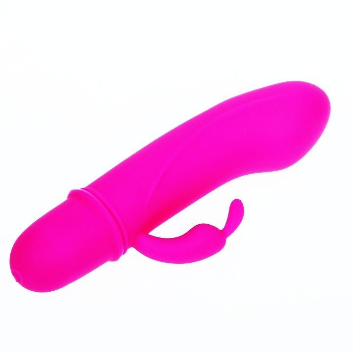Pinkfarbener Vibrator aus Silikon. Längliche Form mit einem gebogenen Teil und einem kleineren, hervorstehenden Element.