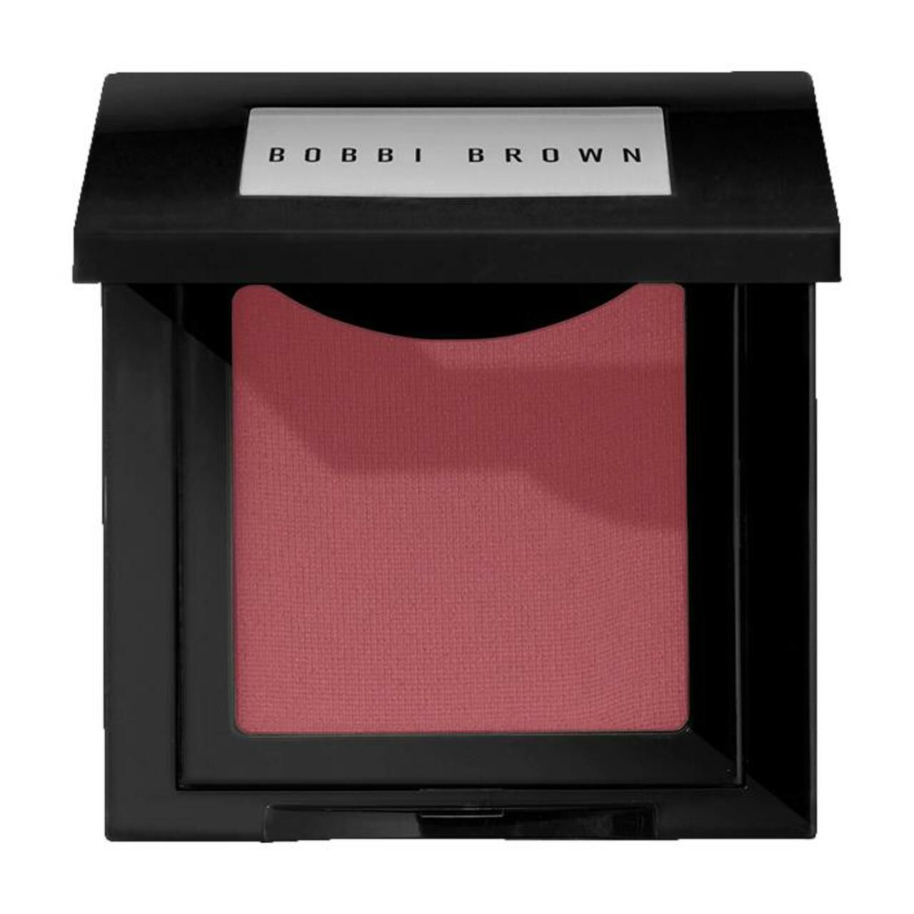 Schwarzer Bobbi Brown Blush-Kompaktpuder. Rechteckige Form mit rosafarbenem Puder. Deckel mit Bobbi Brown-Schriftzug.