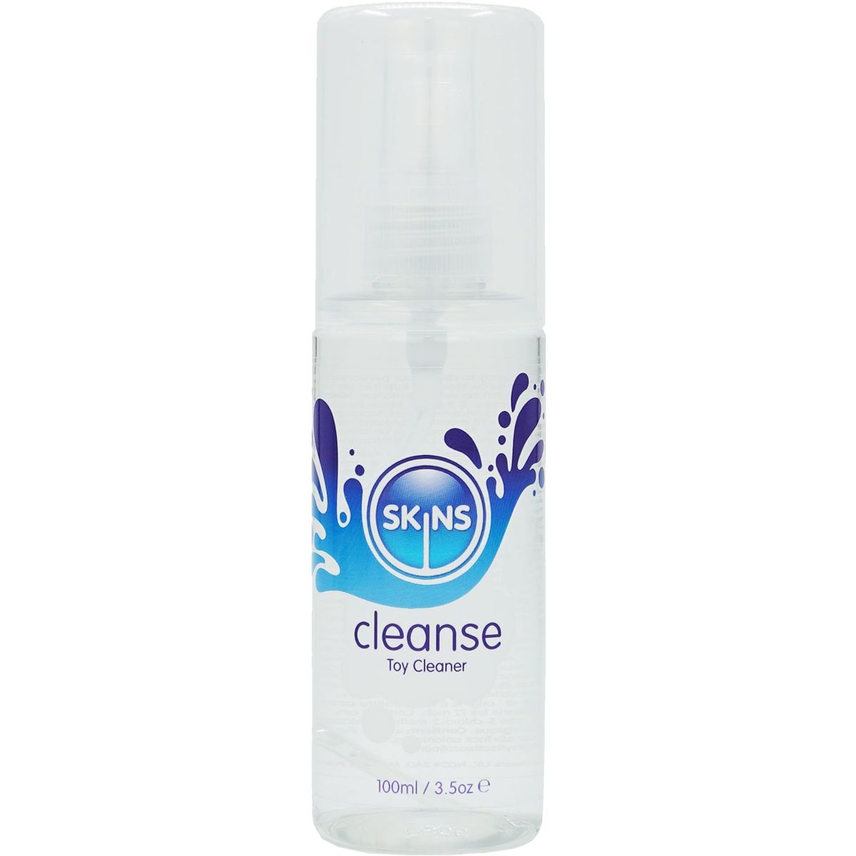 Transparente Flasche mit Sprühkopf. Aufschrift SKINS, cleanse Toy Cleaner. Blaue Wasser-Grafik. Volumenangabe: 100ml / 3.5oz e.