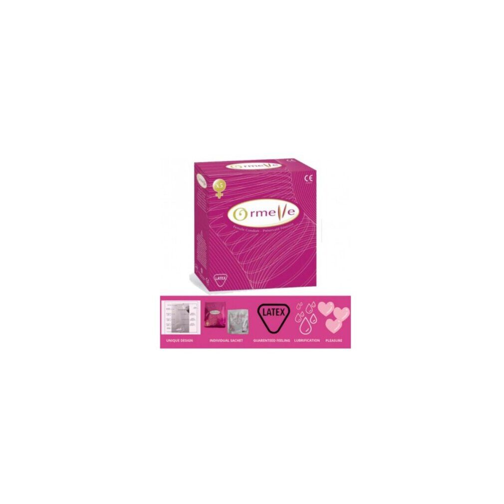 Rosa Schachtel mit Ormelle Female Condom. Logo und Icons. CE-Kennzeichnung.
