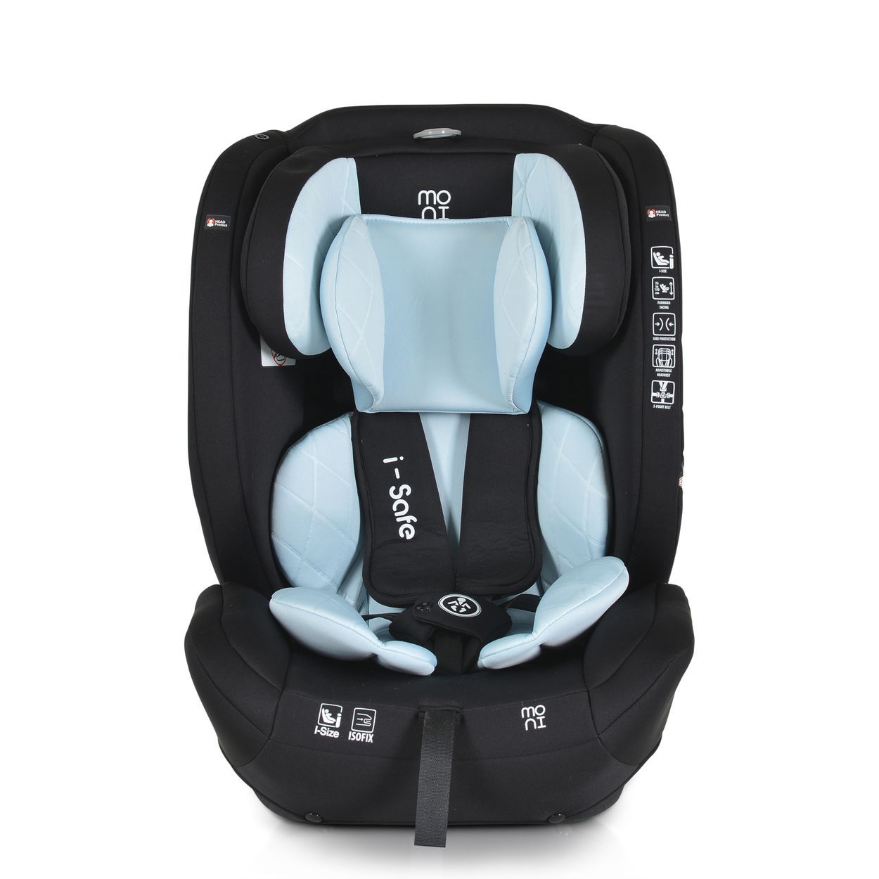 Kindersitz mit verstellbarer Kopfstütze und "i-Safe" Schriftzug