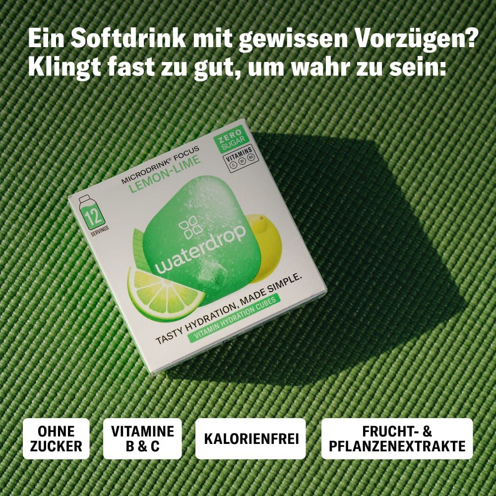 Waterdrop® Microdrink Lemon-Lime-Verpackung. Aufdruck: ohne Zucker, Vitamine B&C, kalorienfrei, Frucht- & Pflanzenextrakte. Auf grünem Hintergrund.