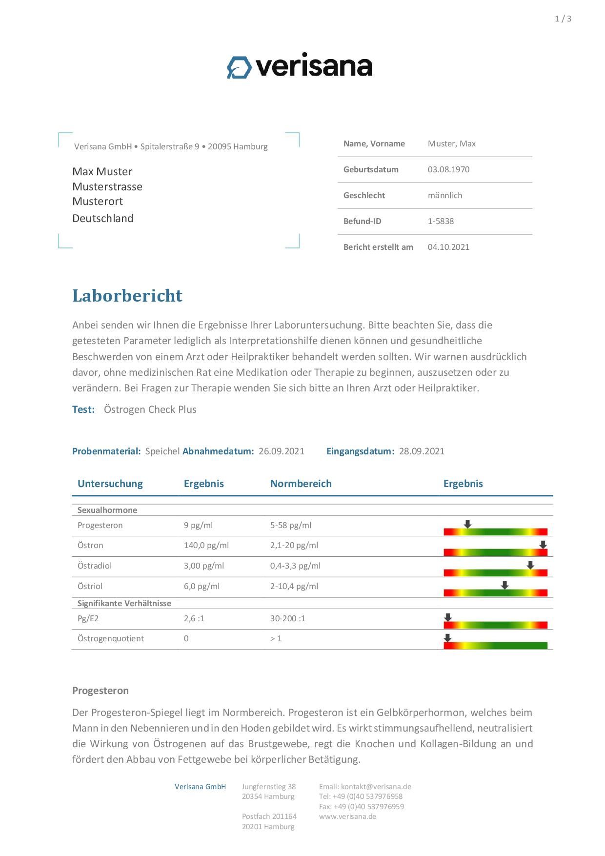 Laborbericht von Verisana. Enthält Testergebnisse für Östrogen Check Plus. Name, Geburtsdatum und weitere Informationen.
