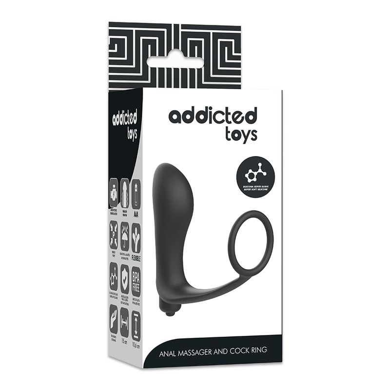 Verpackung von Addicted Toys. Schwarze Box mit Produktabbildung und Text: Anal Massager and Cock Ring.