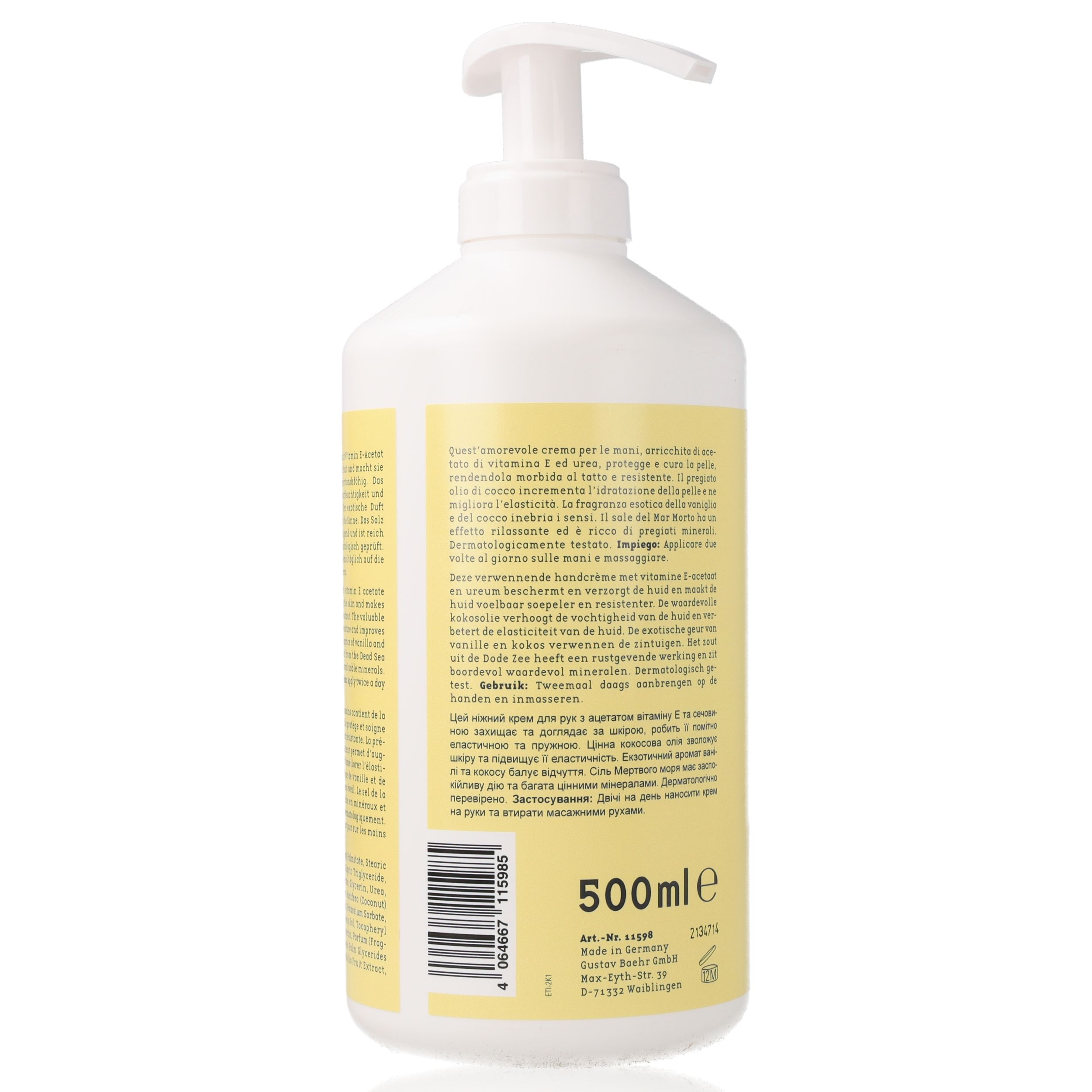 Rückseite der weißen Flasche mit gelbem Etikett. Text in Deutsch und Italienisch. 500ml. Mit Dosierpumpe.