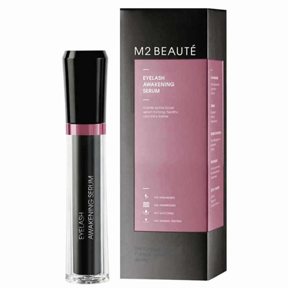 M2 Beauté Eyelash Awakening Serum. Schwarze Flasche mit Verpackung. Schwarzer Deckel und rosa Ring. Produktname.