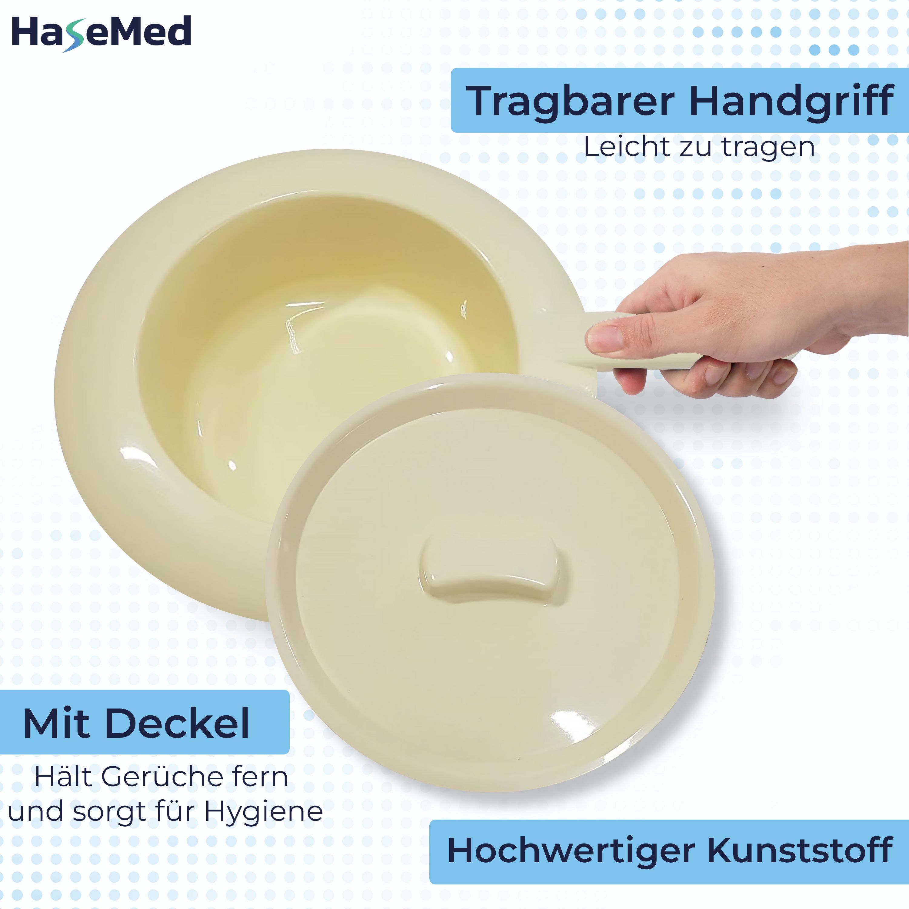 Steckbecken mit Deckel, cremefarben. Tragbarer Handgriff. Hochwertiger Kunststoff. Mit Deckel.