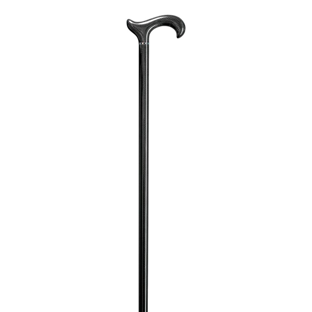 Gehstock aus Carbon mit ergonomischem Griff. Schwarze Farbe. Gebogene Form am Griff.