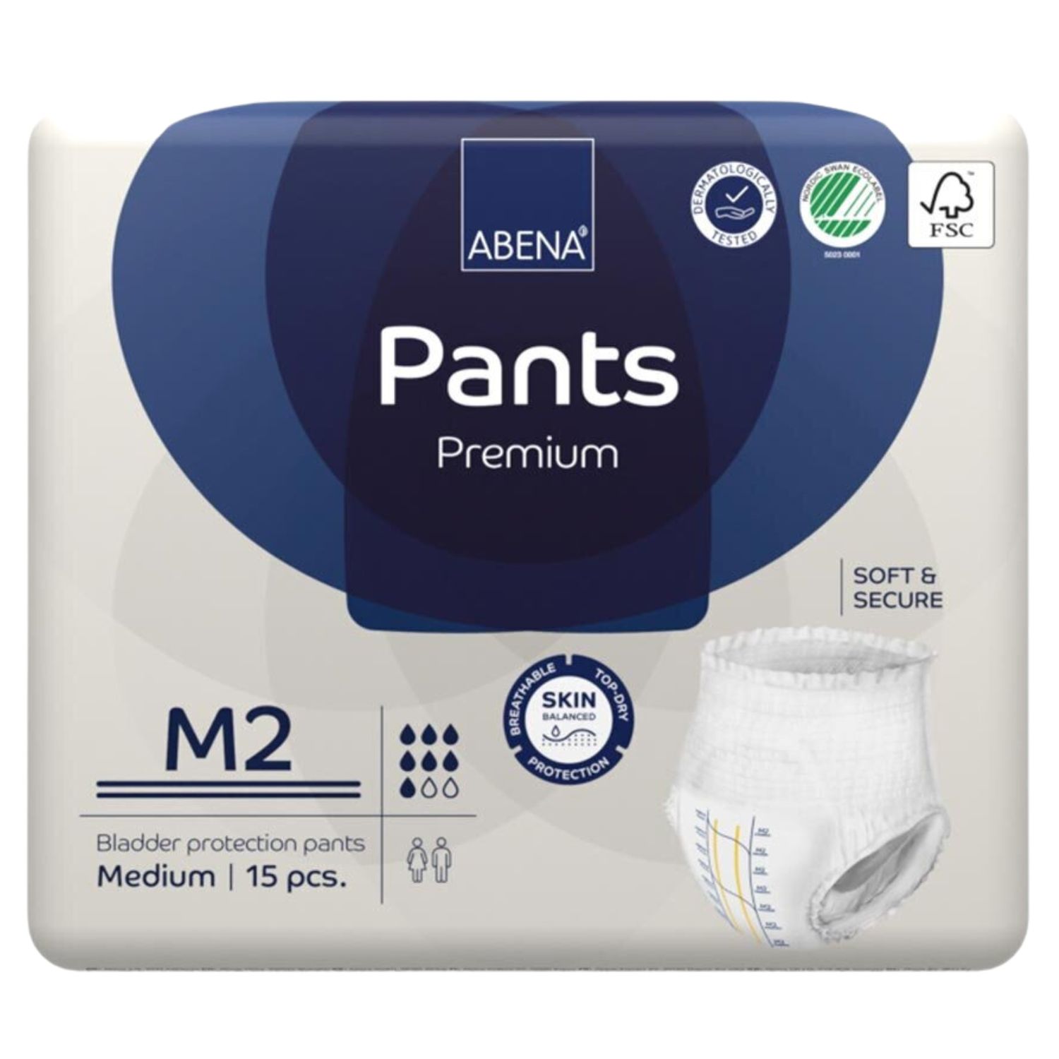 Verpackung Abena Pants Premium M2. Blaue und weiße Verpackung mit Produktabbildung. FSC-Zertifizierung. 15 Stück.