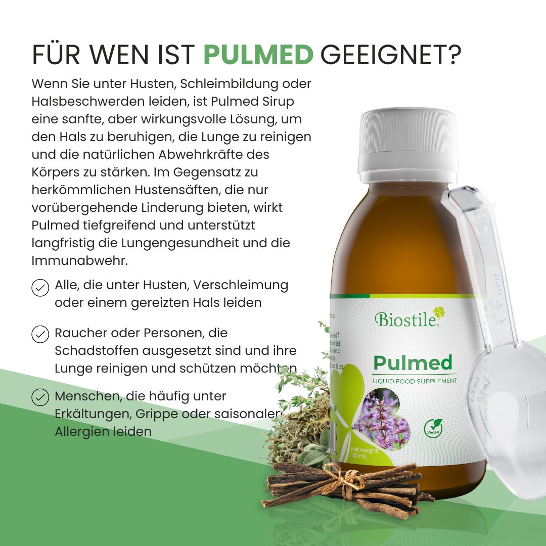Flasche mit Messlöffel. Text: Für wen ist Pulmed geeignet? Auflistung von Zielgruppen. Aufschrift: Biostile Pulmed, Liquid Food Supplement.
