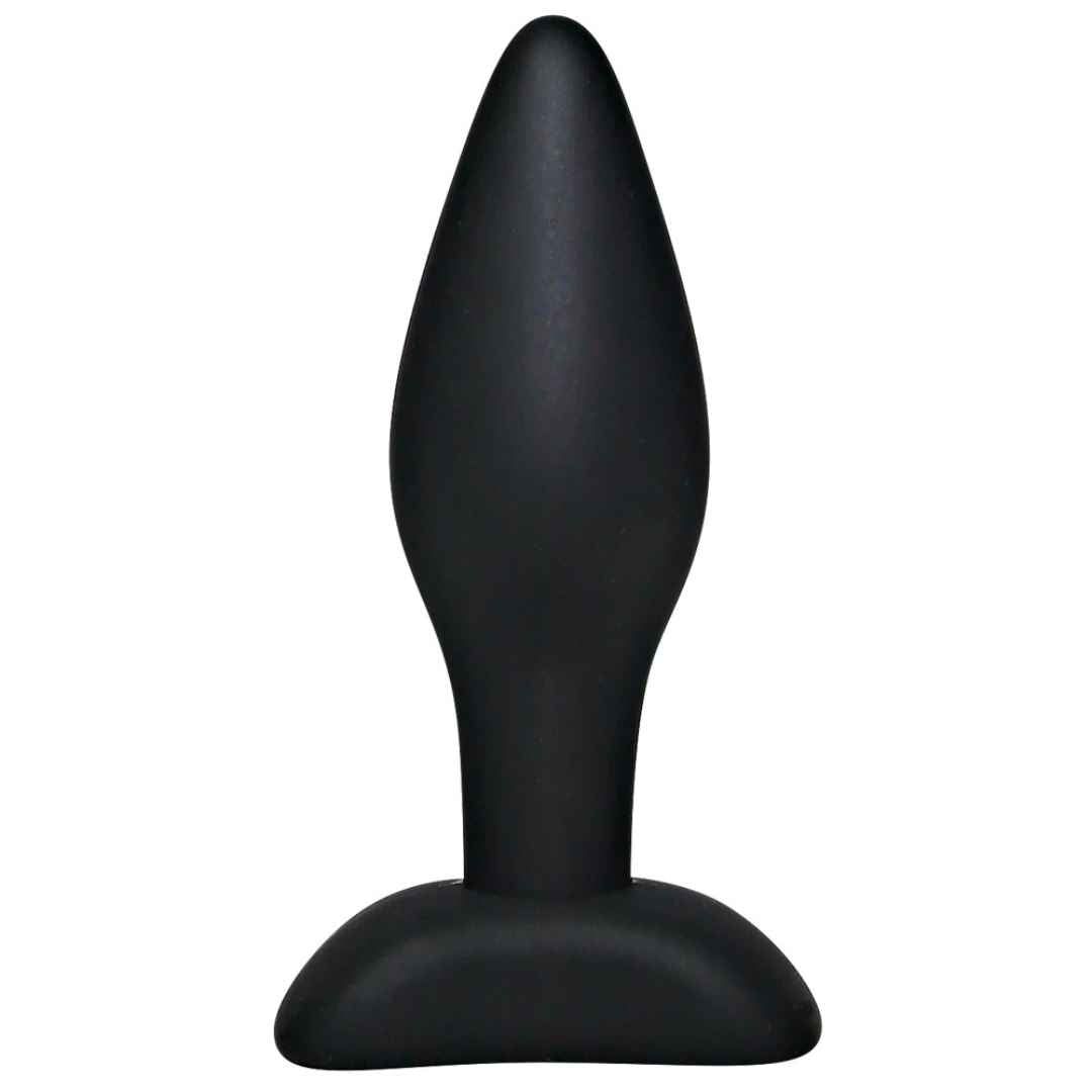 Schwarzer Analplug mit konischer Spitze und breiter Basis. Aus glattem Material.