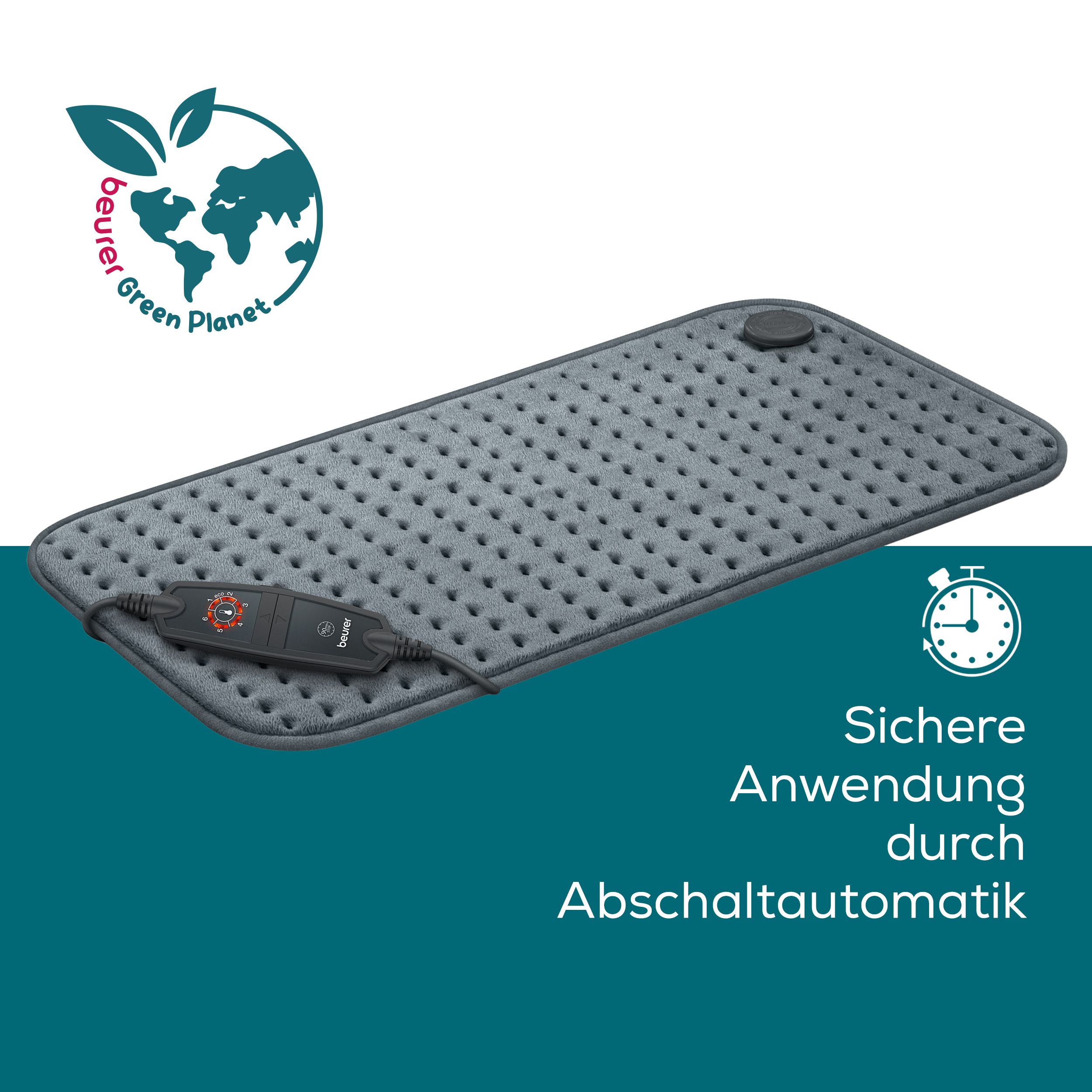 Graues Heizkissen mit Steuerung. Logo: Beurer Green Planet. Text: Sichere Anwendung durch Abschaltautomatik. Uhr-Symbol.