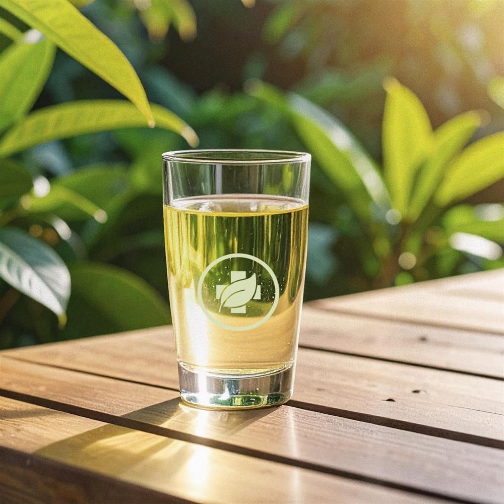Glas mit gelblicher Flüssigkeit und grünem Logo. Steht auf einer Holzoberfläche, umgeben von grünen Blättern.