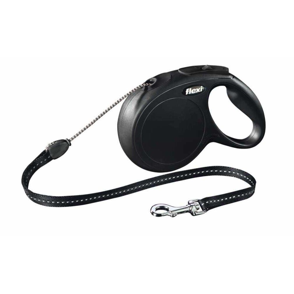 Schwarze Flexi-Leine mit schwarzem Gurtband und silbernem Karabinerhaken. Logo Flexi auf dem Gehäuse.