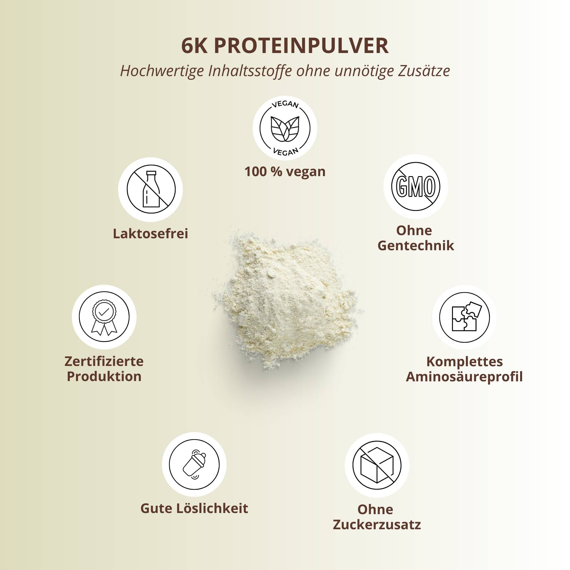 Kreisförmige Anordnung von Symbolen: vegan, laktosefrei, ohne Gentechnik, zertifizierte Produktion, komplettes Aminosäureprofil, ohne Zuckerzusatz, gute Löslichkeit.