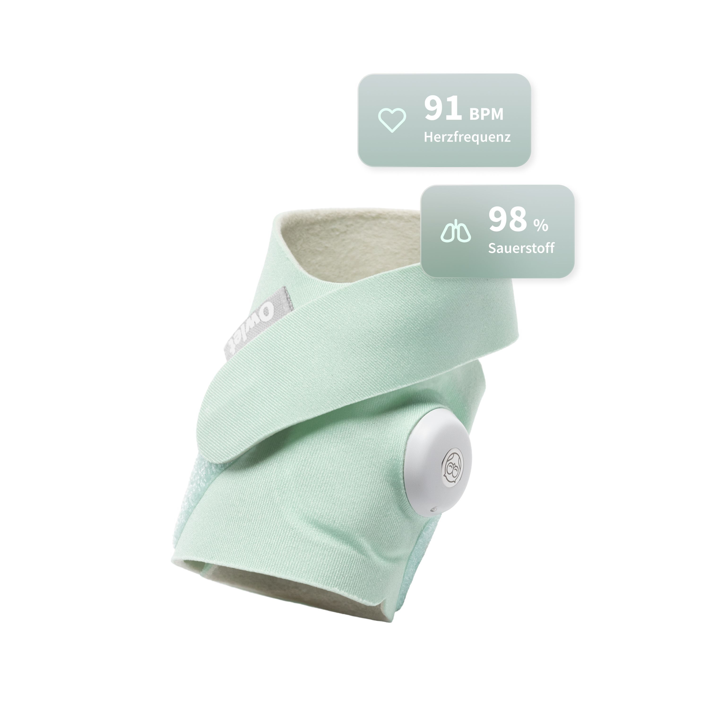 Owlet Dream Sock in Hellgrün mit Sensor und Anzeige von Herzfrequenz und Sauerstoffgehalt.