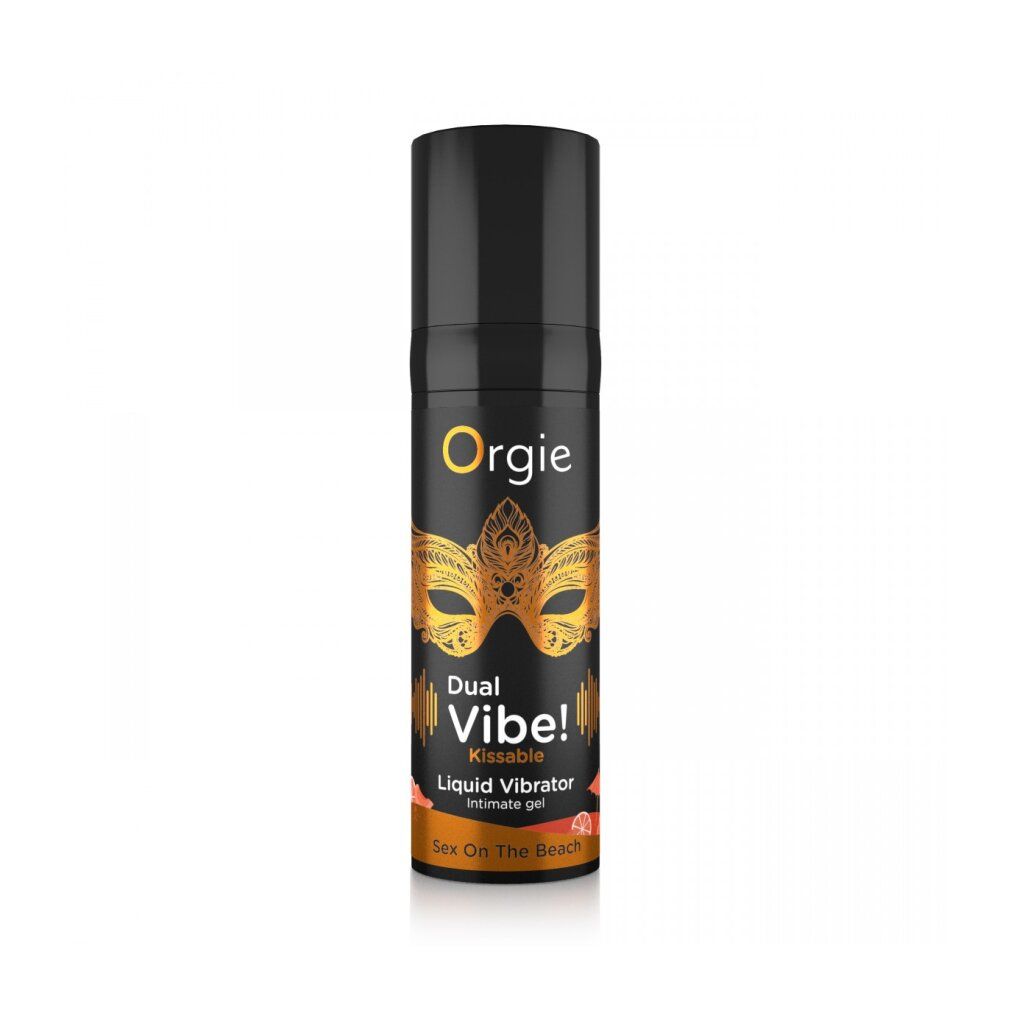 Schwarze Flasche mit schwarzem Deckel. Aufschrift: Orgie, Dual Vibe! Kissable Liquid Vibrator. Goldene Maske und Schrift.