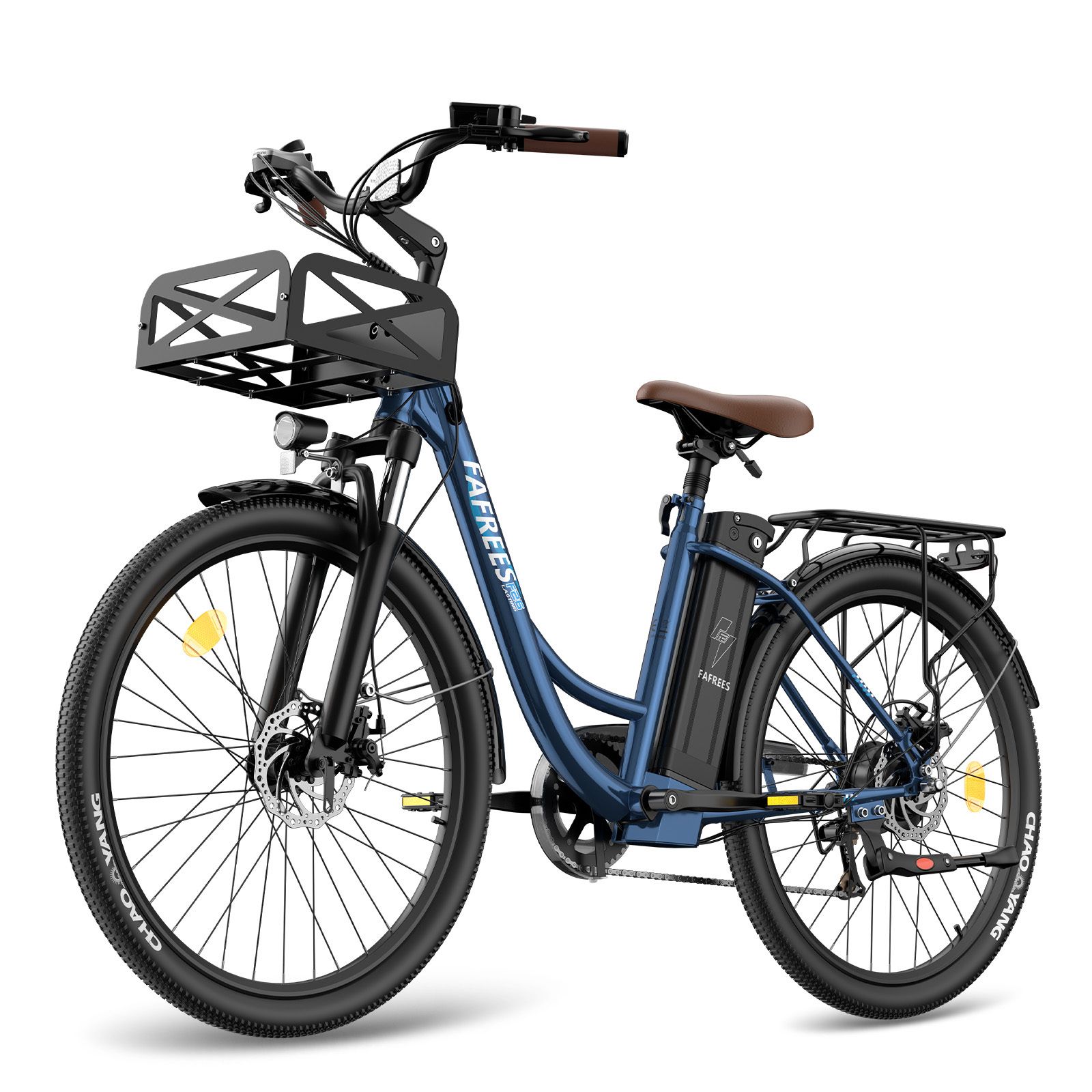 Blaues E-Bike mit braunem Sattel, Gepäckträger und Korb. Marke FAFREES.
