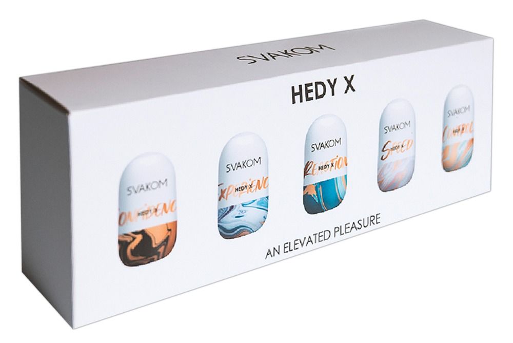Weiße Box mit fünf farbig gemusterten, eiförmigen Objekten. Text: "SVAKOM HEDY X AN ELEVATED PLEASURE".