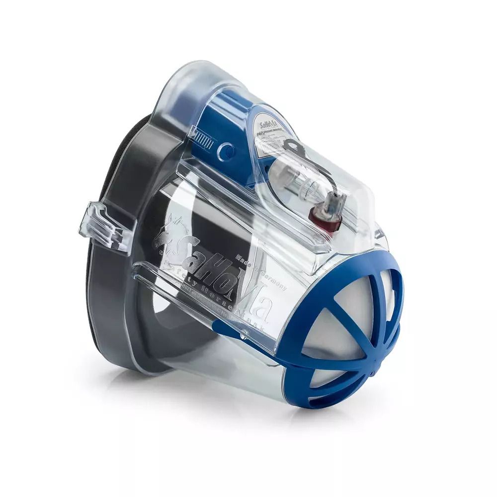 Inhalationsset mit blauem Akzent. Transparente Kammer, grauer Rand, blaue Details. Sichtbare Beschriftung.