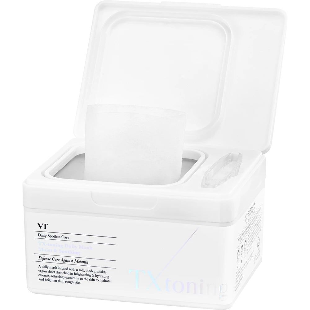 VT COSMETICS TX-Toning Tagesmaske: Offene Packung mit Pinzette und Maskenblättern.