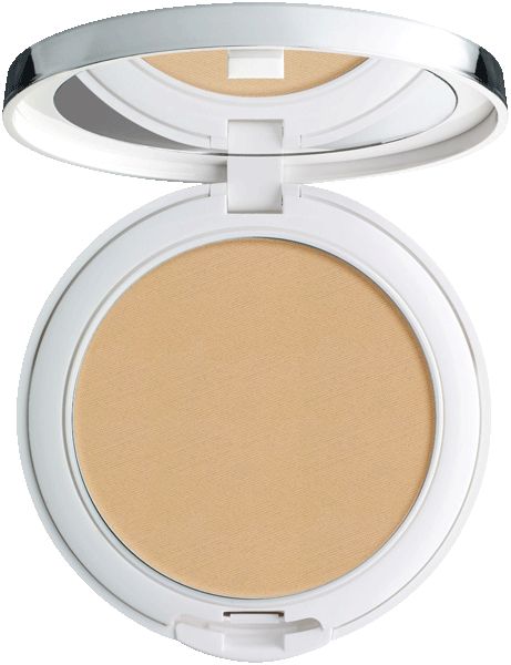 Geöffnete, weiße Puderdose mit Spiegel. Beige Creme-Foundation.