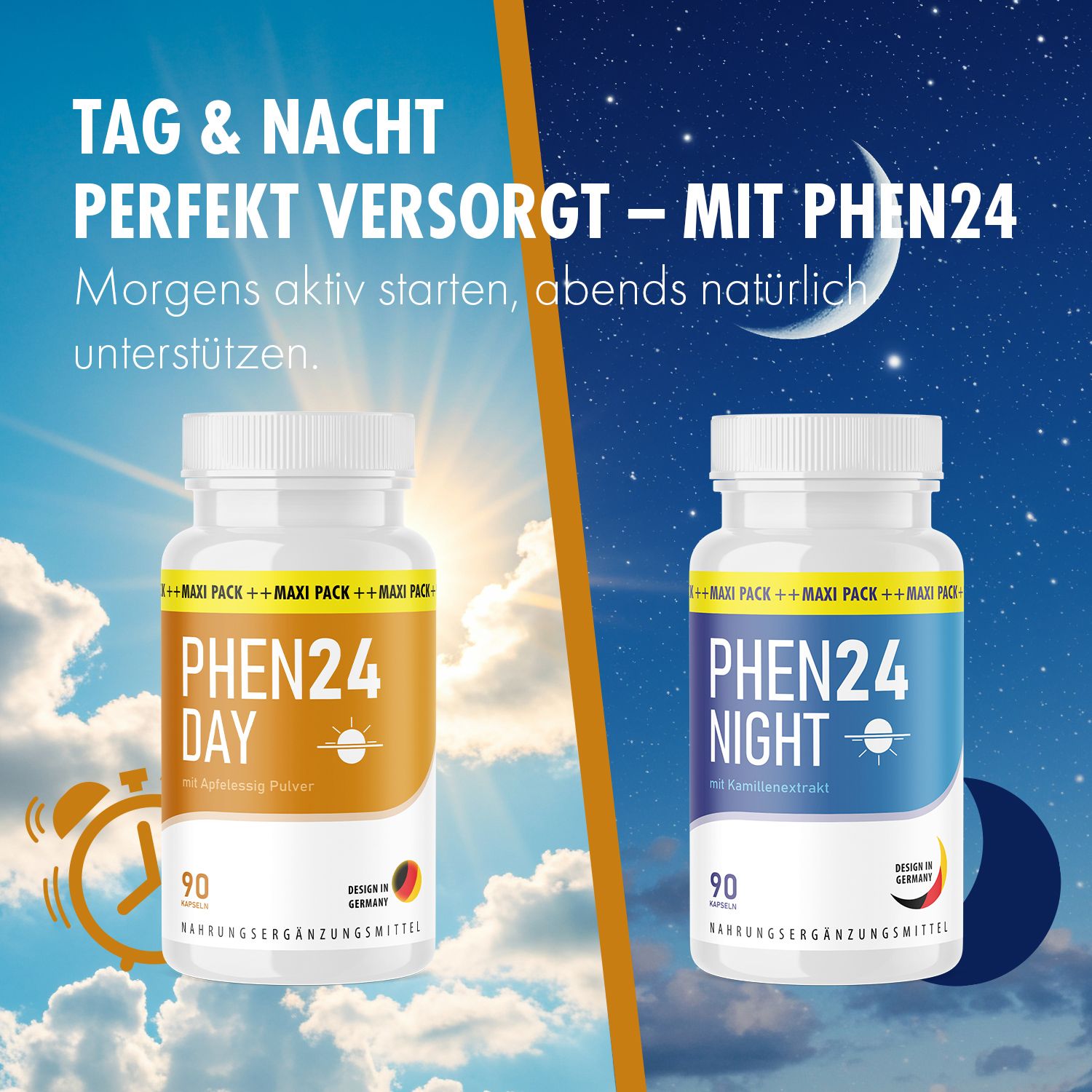 Zwei Flaschen Phen24 Day und Night Kapseln. Weiße Flaschen mit gelben und blauen Etiketten. Tag- und Nacht-Thema. Hintergrund mit Mond und Sonne.