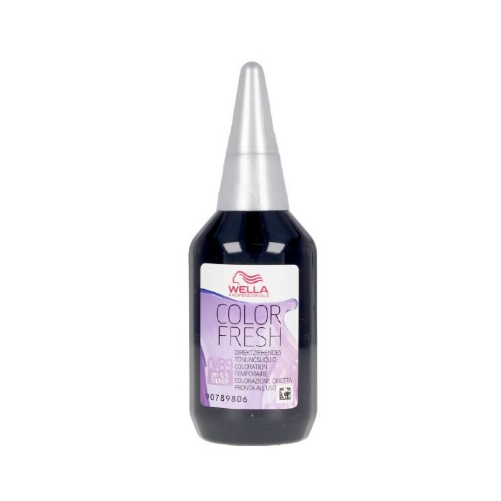 Dunkle Flasche mit silberner Spitze. Etikett mit Wella Color Fresh, 0/89, und Produktbezeichnung. Auf weißem Hintergrund.