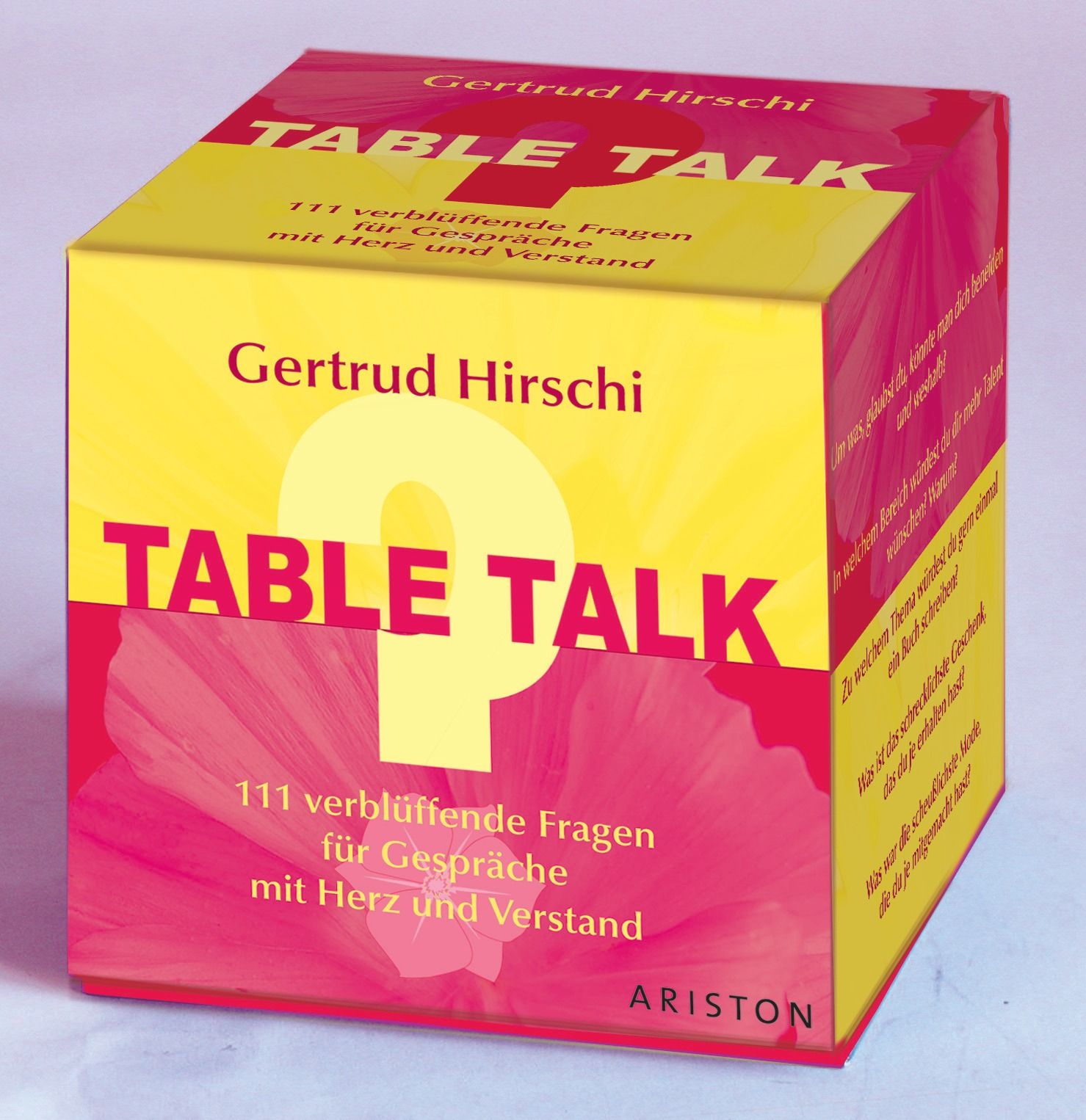 Gelb-roter Würfel mit Aufschrift TABLE TALK und Autorennamen. Enthält 111 Fragen für Gespräche. Marke ARISTON.