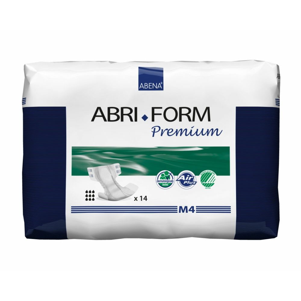 Verpackung Abena Abri-Form Premium. Weiß mit blauen Akzenten. Produktabbildung und Text: Abri-Form Premium, M4, x14.