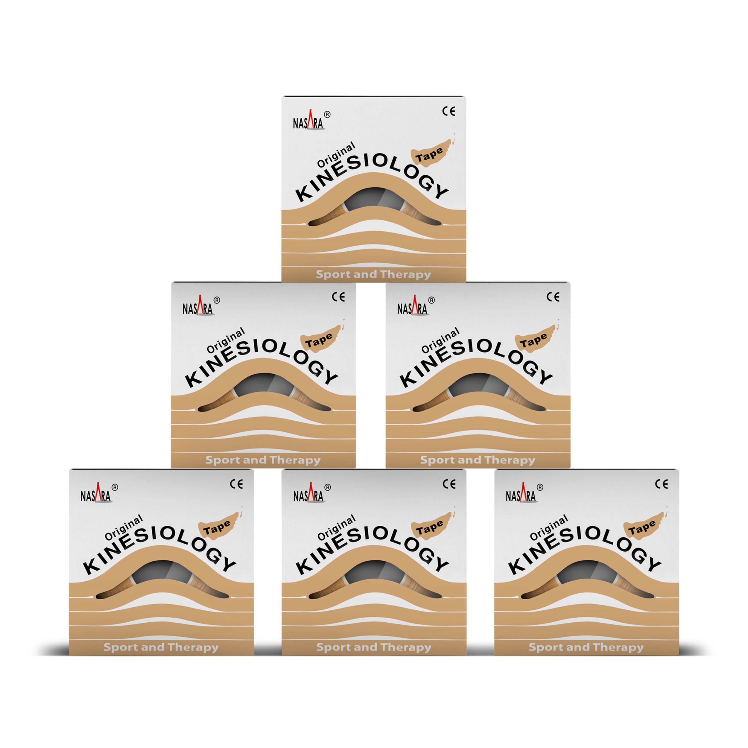 Sechs Boxen NASARA Original Kinesiology Tape. Aufschrift: Sport and Therapy. CE-Zeichen.