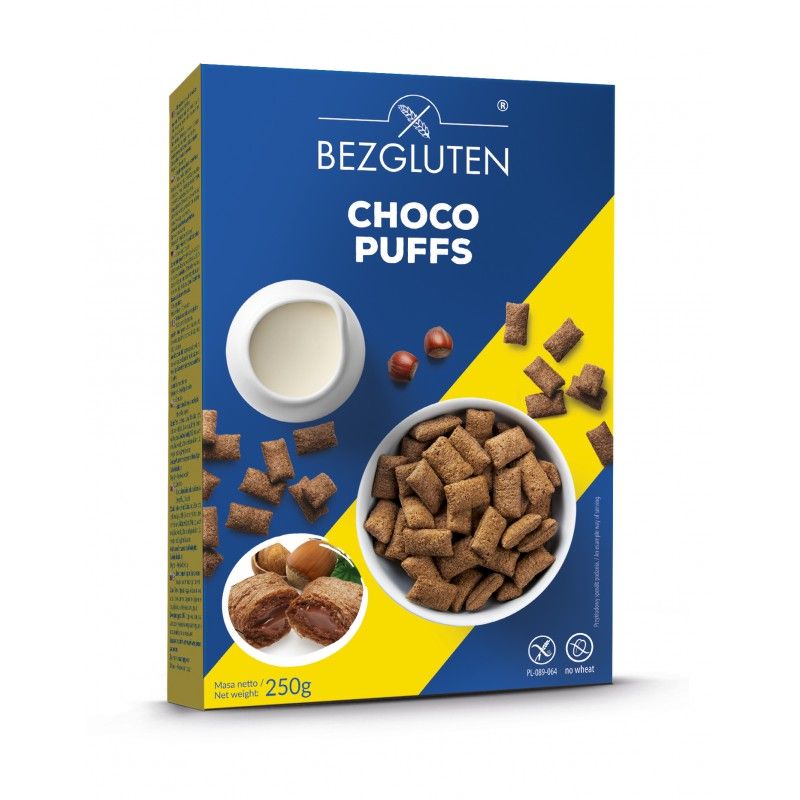 Verpackung von Bezgluten Choco Puffs. Blaue Schachtel mit gelben Akzenten. Zeigt das Produkt, eine Schüssel mit Getreide, Milch und Haselnüssen.