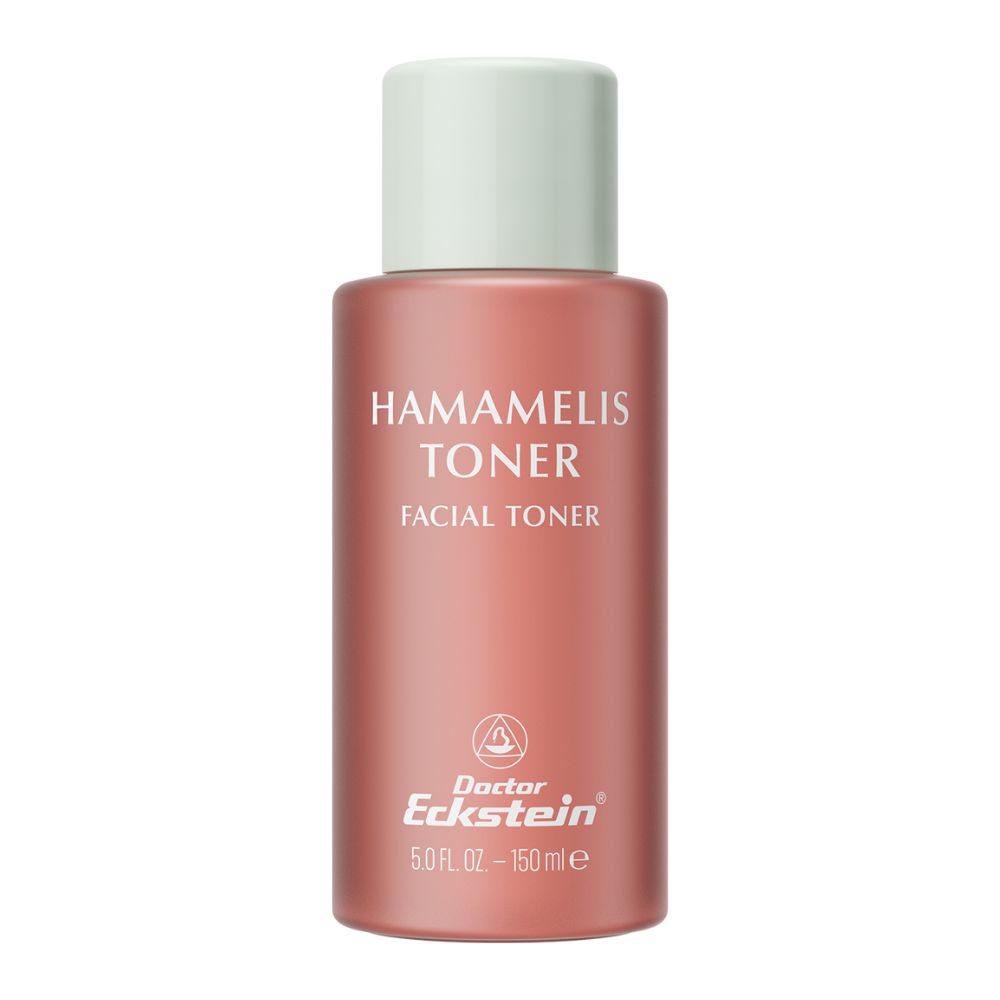 Rosafarbene Flasche mit weißem Deckel. Beschriftung: Hamamelis Toner, Facial Toner, Doctor Eckstein. Volumen: 5.0 FL OZ - 150 ml.
