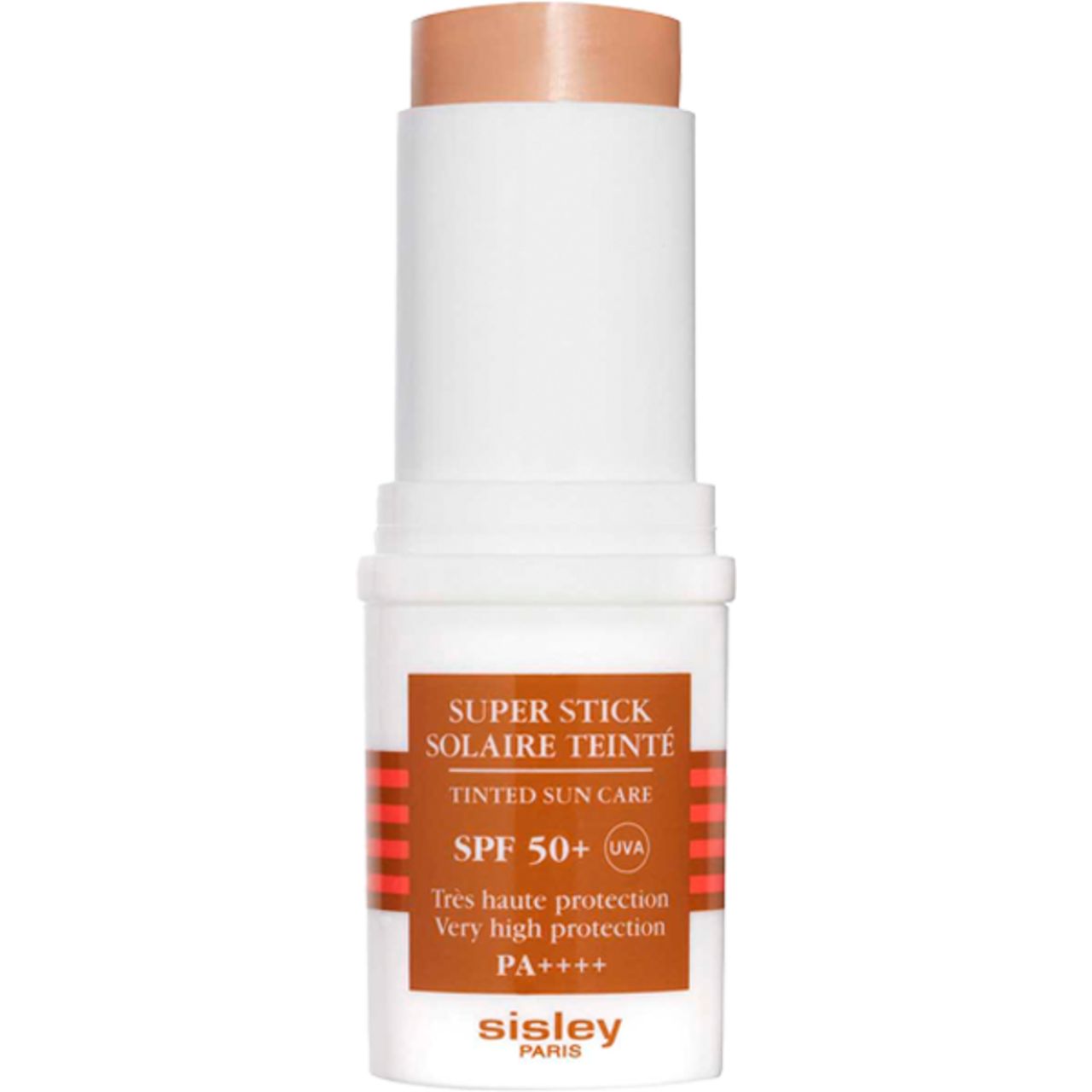 Sonnenschutzstift mit getönter Formel. Weißer Behälter mit braunem Produkt. Text: SPF 50+, Sisley.