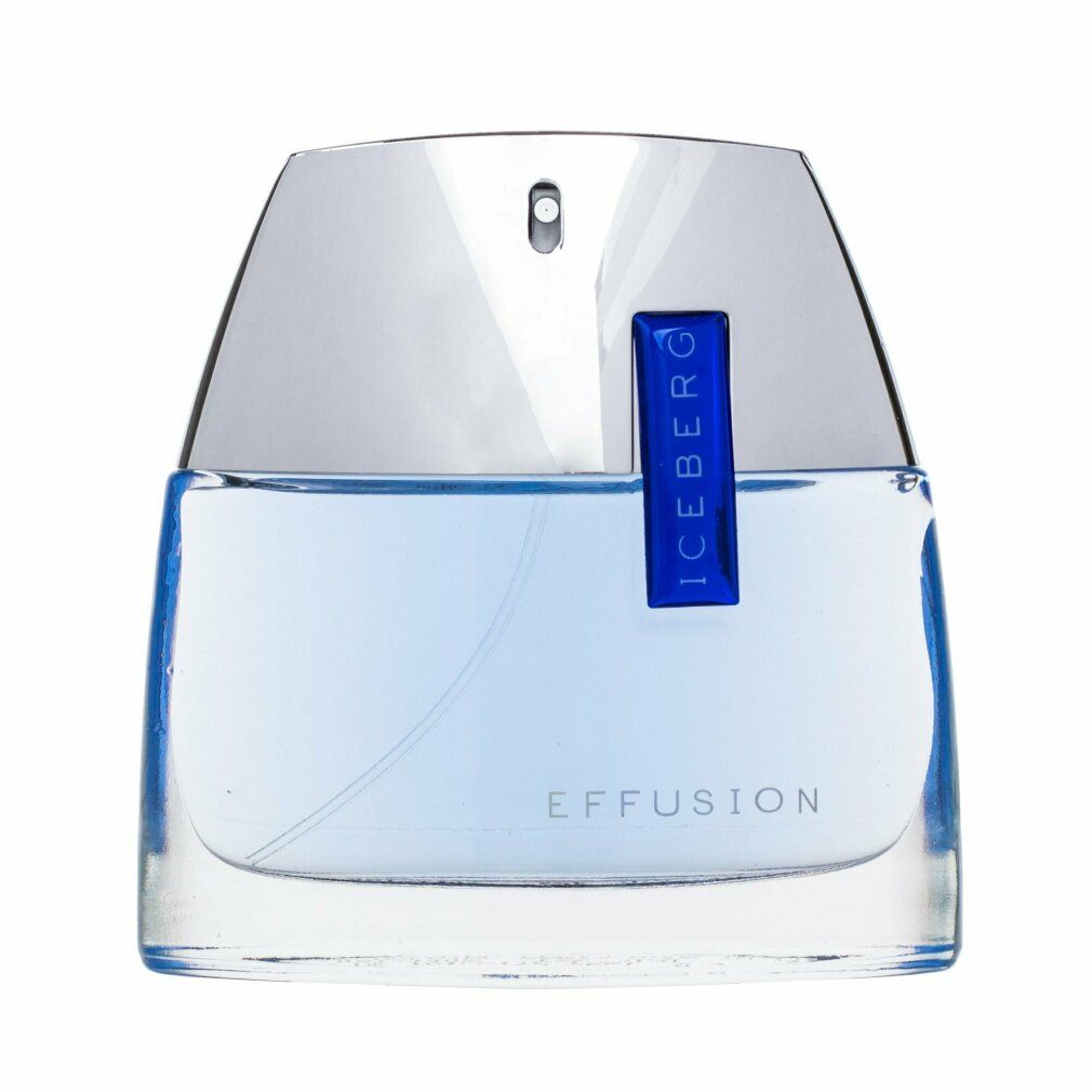 Rechteckiger Flakon mit silberfarbenem Verschluss und blauer Flüssigkeit. Blaue Aufschrift auf dem Flakon. Eau de Toilette Spray.