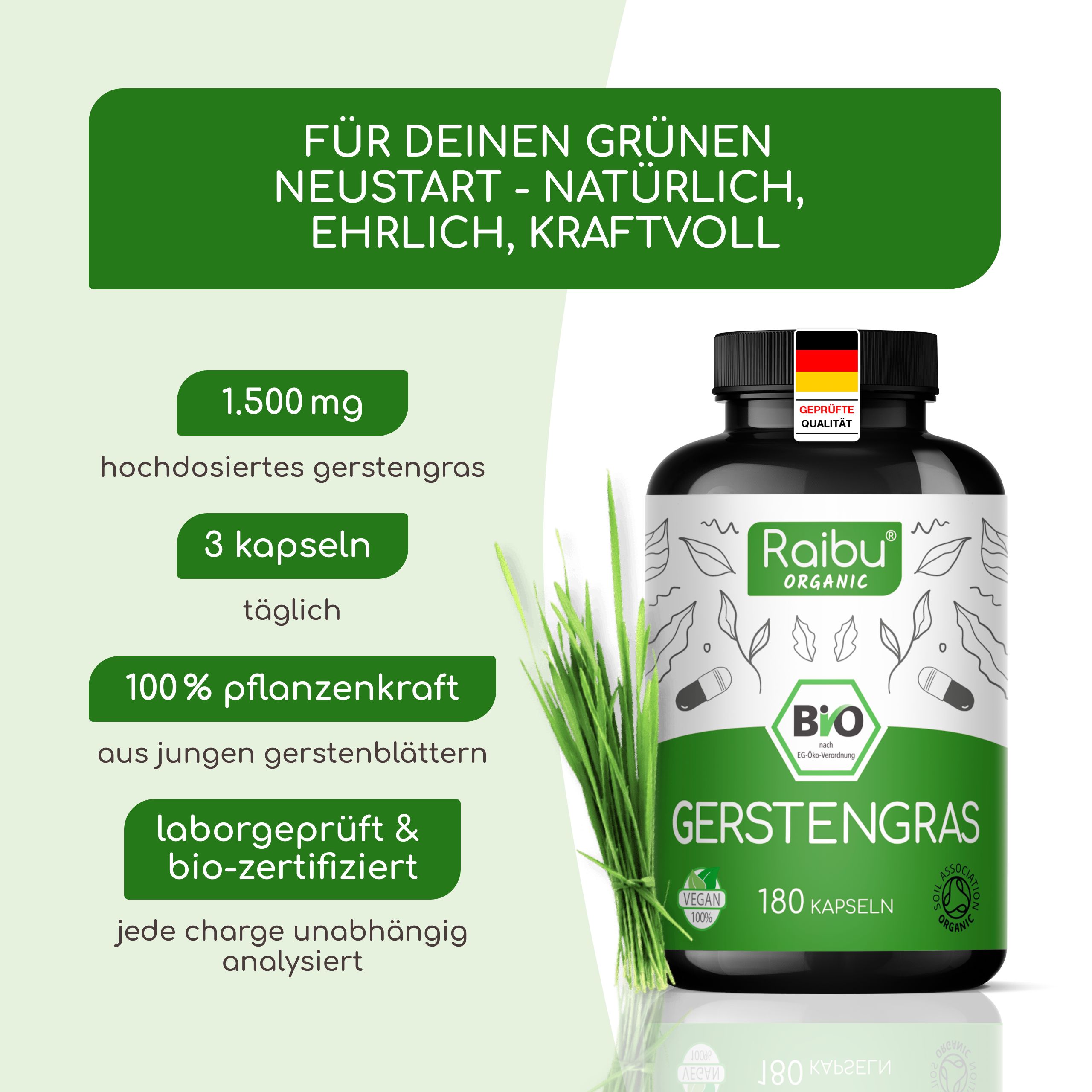 Flasche "GERSTENGRAS" mit Text: "FÜR DEINEN GRÜNEN NEUSTART". 1.500 mg, 3 Kapseln täglich, 100% Pflanzenkraft.