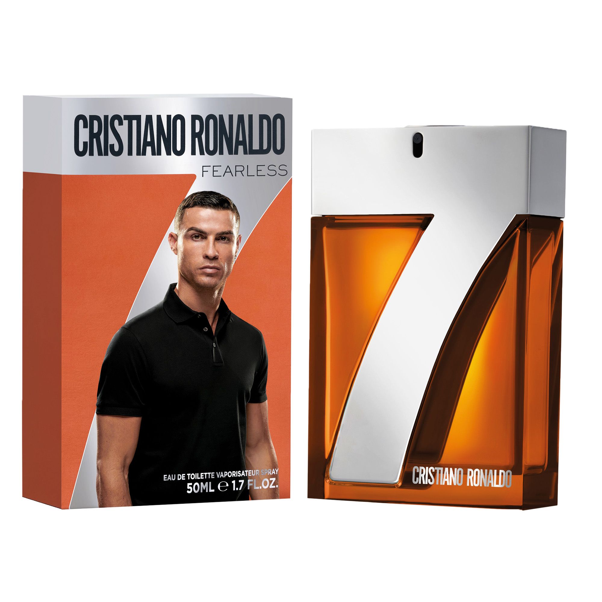 Flakon und Verpackung. Flakon: rechteckig, silberner Deckel, silberne 7. Verpackung: Cristiano Ronaldo, Fearless.