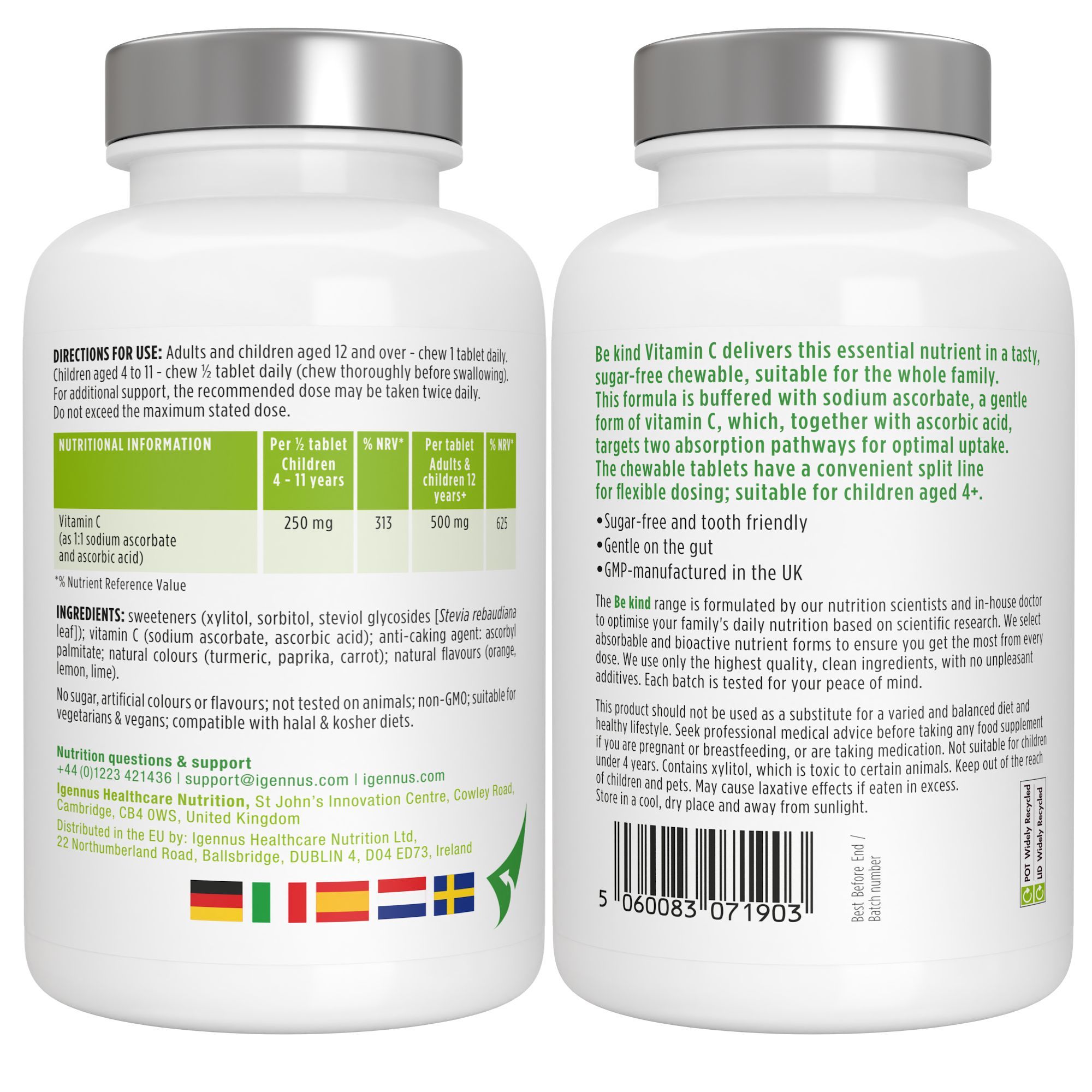 Zwei weiße Flaschen mit Etiketten. Text: Be kind Vitamin C. Inhaltsstoffe, Dosierung, Nährwertangaben. Hergestellt in UK. Vegetarische Society Approved.