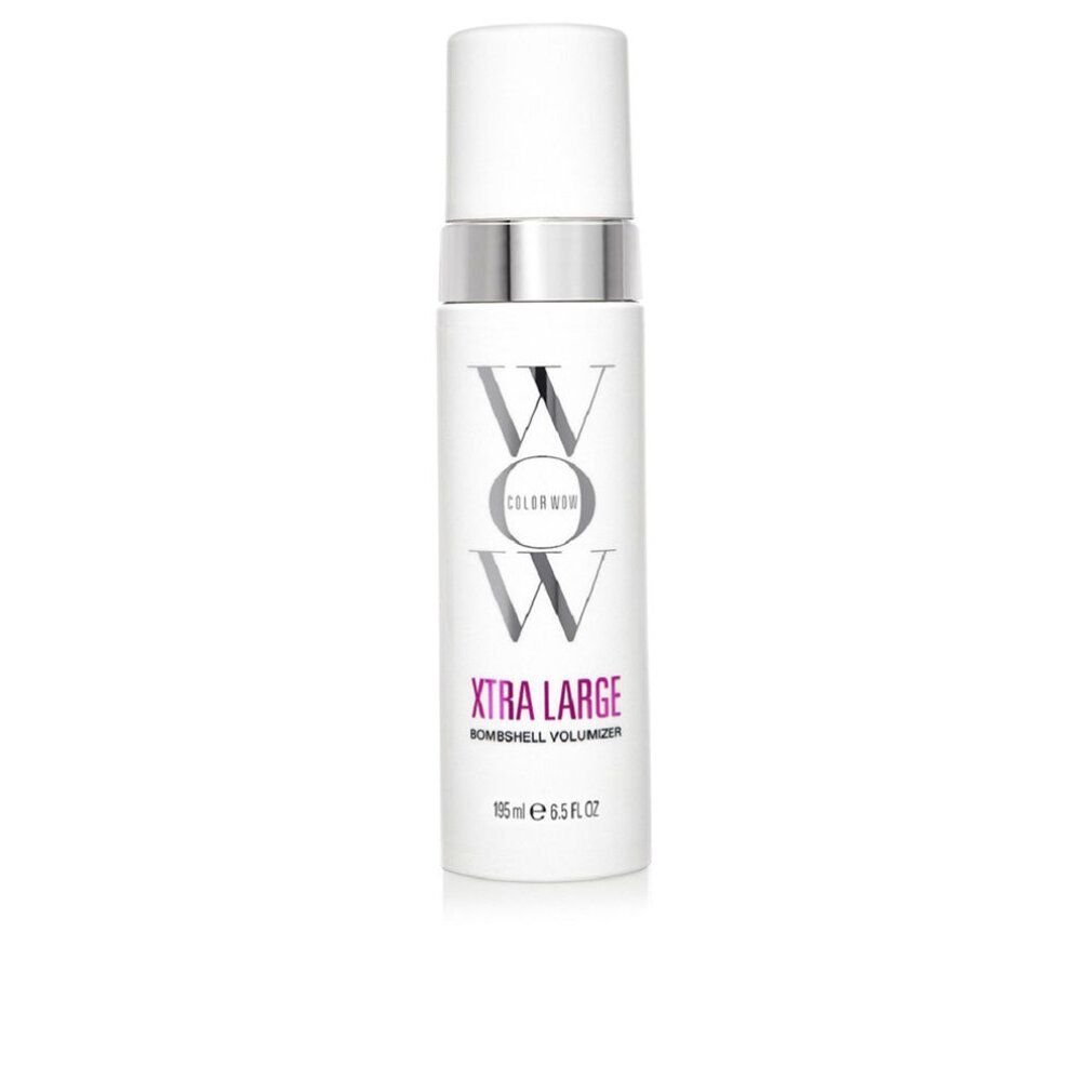 Weißes Produkt mit silbernem Ring und weißem Deckel. Aufschrift: WOW, XTRA LARGE Bombshell Volumen-Schaum. 185ml 6.5 fl oz.