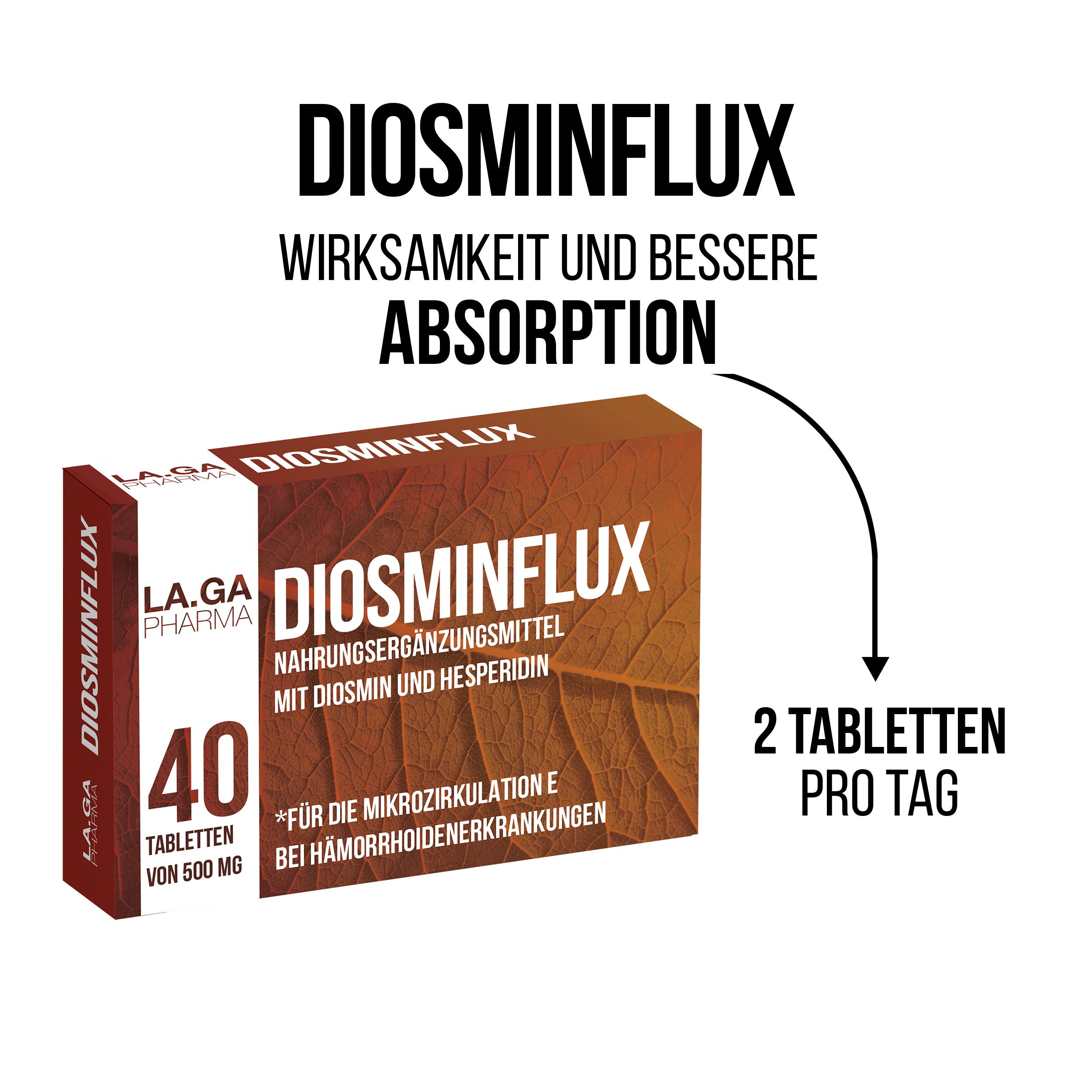 Karton von LA.GA Diosminflux. Enthält 40 Tabletten. Aufschrift: Nahrungsergänzungsmittel. Empfehlung: 2 Tabletten pro Tag.