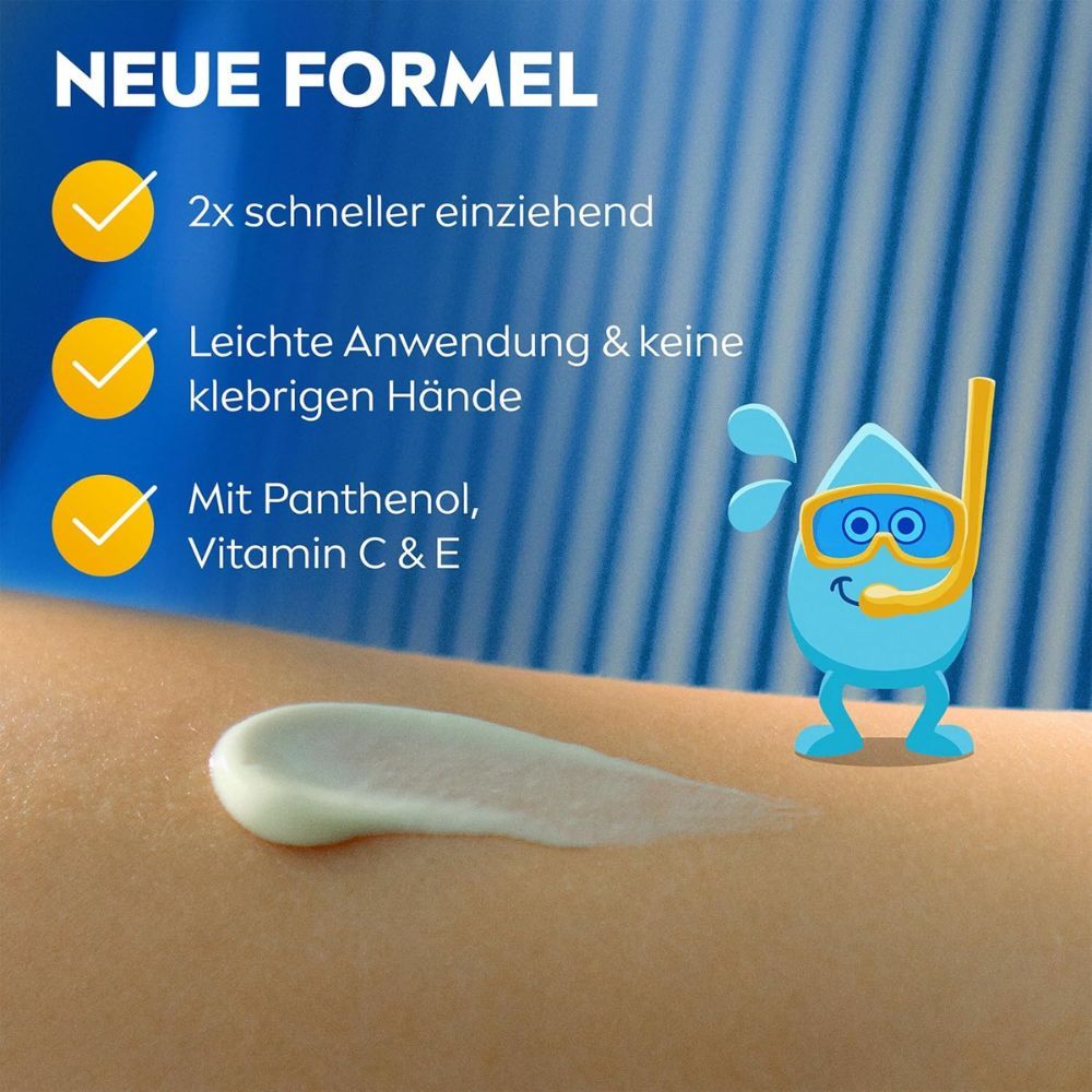 Creme auf Arm. Text: Neue Formel, 2x schneller einziehend, leichte Anwendung, mit Panthenol, Vitamin C & E.